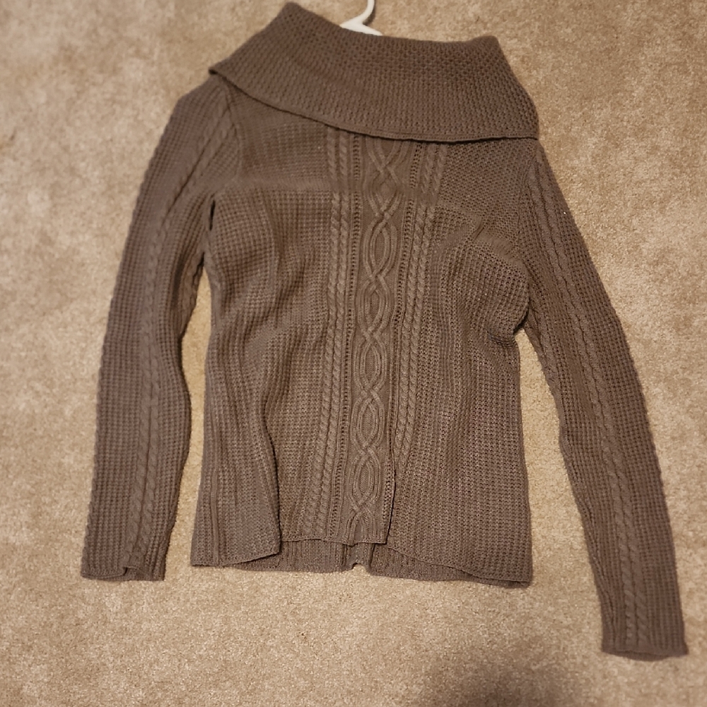 JEANNE PIERRE Brown Cowl Neck Cable Knit Sweater